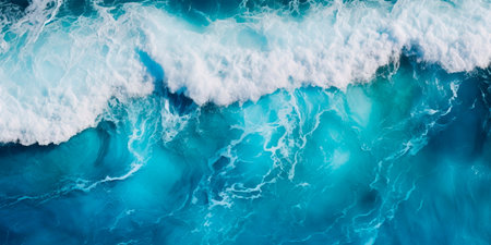 Top view Aerial perspective of a wave breaking in shallow water, creating a beautiful turquoise-colored cascade. Generative AIの素材