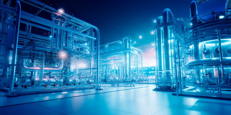 hydrogen production plant powered by renewable energy sources, with water splitting into hydrogen and oxygen. Generative AIの素材