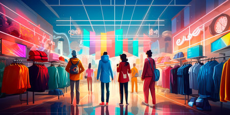 Black Friday shopping scene with shoppers trying on clothes and comparing discounts in a clothing store. Generative AIの素材