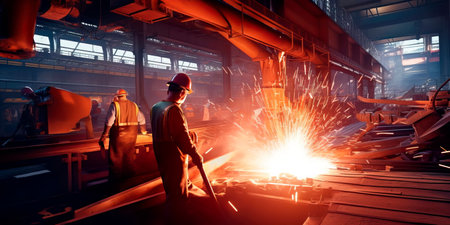 work crew working with heavy metallurgical equipment.の素材