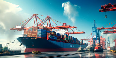 container ship docked at a busy port, symbolizing the interconnectedness of global trade.の素材