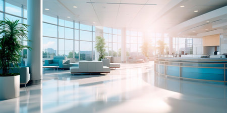Detailed interior shots of a modern hospital lobby, showcasing the sleek design, comfortable seating areas, and welcoming atmosphere.の素材