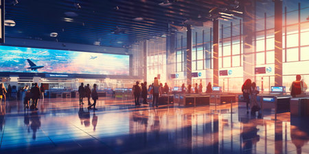 bustling international airport terminal, representing the mobility of goods, services, and people in the global economy.の素材