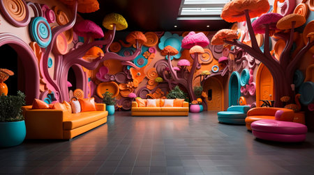 Whimsical and colorful children's play area in a hotel lobby with interactive games and toys. Generative AIの素材