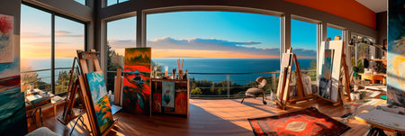 Artistic artist's studio with large canvases, art supplies, and inspiring views. Generative AIの素材