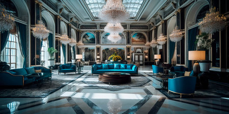 luxurious five-star hotel lobby with a grand crystal chandelier, marble flooring, and opulent furniture. Generative AIの素材