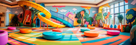 Whimsical and colorful children's play area in a hotel lobby with interactive games and toys. Generative AIの素材