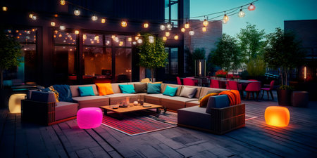 contemporary outdoor seating arrangement featuring modular sofas, a stylish area rug, and hanging string lightsの素材