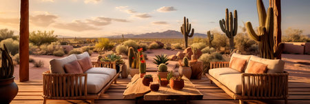 desert-inspired outdoor lounge, featuring earthy tones, cacti arrangements, and rustic wooden furniture.の素材