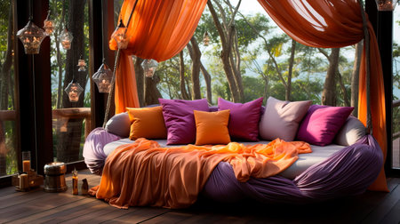 modern patio adorned with a hanging daybed, floor cushions, and a canopy of billowing curtains.の素材