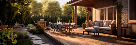 inviting patio area with a mix of textures, including a wooden deck, stone accents, and soft outdoor rugs.の素材