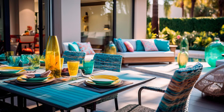 outdoor living room with a contemporary dining set, perfect for al fresco meals and gatherings.の素材