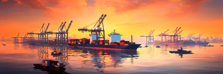 harbor at sunrise, with cargo ships waiting to be loaded, capturing the anticipation and movement that characterizes global trade. Generative AIの素材