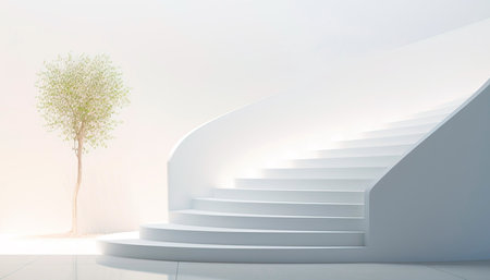 minimalist architectural scene showcasing the elegance of a single white staircase against a backdrop of neutral tones and natural light. Generative AIの素材