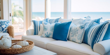 Coastal beach house living room with a breezy, nautical theme and coastal decor. Generative AIの素材