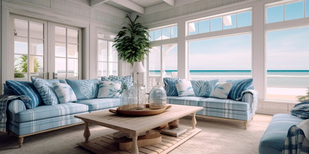 Coastal beach house living room with a breezy, nautical theme and coastal decor. Generative AIの素材