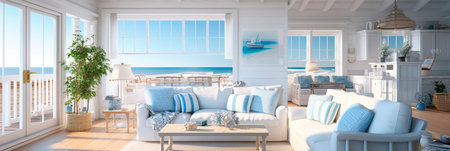 Coastal beach house living room with a breezy, nautical theme and coastal decor. Generative AIの素材