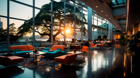 Detailed interior shots of a modern hospital lobby, showcasing the sleek design, comfortable seating areas, and welcoming atmosphere.の素材