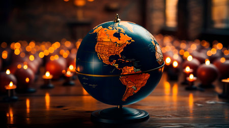 globe surrounded by flags of different countries, representing the diverse geopolitical landscape.の素材