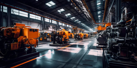Machines and equipment arranged in a row in a large industrial workshop, ready for production.の素材