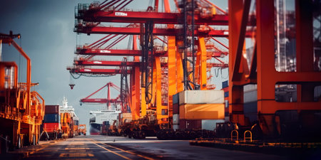 Industrial cranes lifting and moving heavy materials in a dockyard.の素材