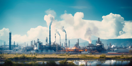 Extensive industrial zone with powerful factories and plants operating at full capacity.の素材