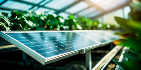 Green house energy, solar energy panels. Environmental, Social, and Corporate House Governance conceptの素材