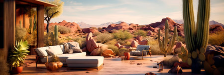 desert-inspired outdoor lounge, featuring earthy tones, cacti arrangements, and rustic wooden furniture.の素材