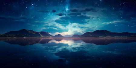 calm lake, where the surface of the water reflects a huge sky with bright stars.の素材