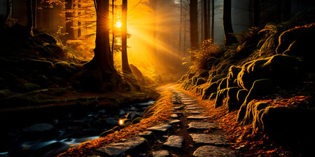 colorful autumn forest with picturesque yellow, red and orange leaves.の素材