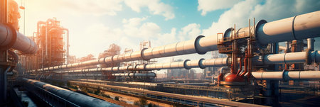 industrial pipeline passing through an urban area, showing how it's integrated into the city's infrastructure.の素材