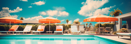 seating area adjacent to a pool, featuring lounge chairs, sun umbrellas, and a shaded cabana.の素材