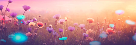 meadow with colorful wildflowers and a gradient background of soft pastels Generative AIの素材