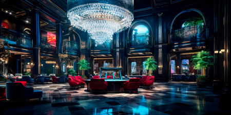 sophisticated and classy casino lobby with glitzy chandeliers, velvet seating, and a glamorous ambiance. Generative AIの素材