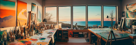 Artistic artist's studio with large canvases, art supplies, and inspiring views. Generative AIの素材