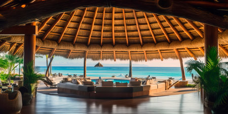 Tropical resort lobby with a thatched roof, wooden beams, and views of the ocean. Generative AIの素材