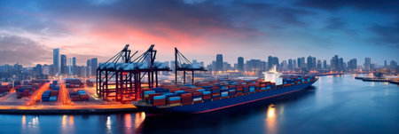 container ship entering a major port at dusk, with the city skyline in the background, symbolizing the urban integration of trade hubs. Generative AIの素材