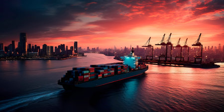 container ship entering a major port at dusk, with the city skyline in the background, symbolizing the urban integration of trade hubs. Generative AIの素材