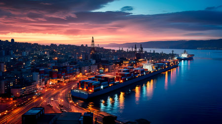 container ship entering a major port at dusk, with the city skyline in the background, symbolizing the urban integration of trade hubs. Generative AIの素材