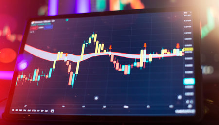 Technical price graph and indicator, red and green candlestick chart on blue theme screen