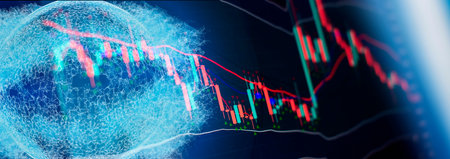 green candlesticks going up indicating crypto rising in value. Graphical representation of volumes...
