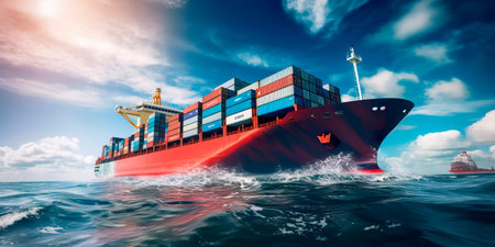 huge container ship floating in the open sea.の素材