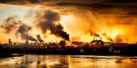 industrial factory spewing thick, black smoke into the atmosphere, contributing to air pollution.の素材