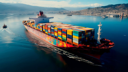 huge container ship floating in the open sea.の素材