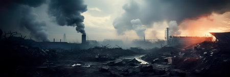 industrial factory spewing thick, black smoke into the atmosphere, contributing to air pollution.の素材