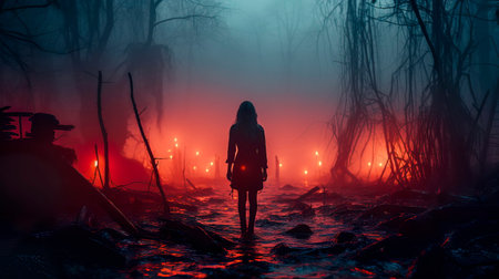 haunted forest with fog rolling through the trees and mysterious figures lurking in the shadows.の素材