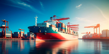 container ship docked at a busy port, symbolizing the interconnectedness of global trade.の素材