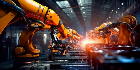 Industrial robots assembling and welding components on a production line.の素材