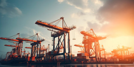Industrial cranes lifting and moving heavy materials in a dockyard.の素材