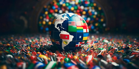 globe surrounded by flags of different countries, representing the diverse geopolitical landscape.の素材